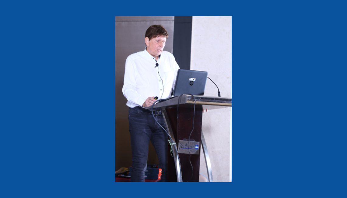 Mr Bergmann - Highlighted key machineries that focuses on resource saving and emphasised on Erbatech machineries in areas of bleaching, CPB dyeing and continuous washing Seminar on Knits 5.0 by Rudolf Atul Chemicals Ltd (RACL) in partnership with Erbatech India in Coimbatore - Image